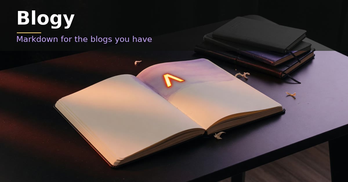 Blogy. An open notebook with an amber caret on a dark desk.