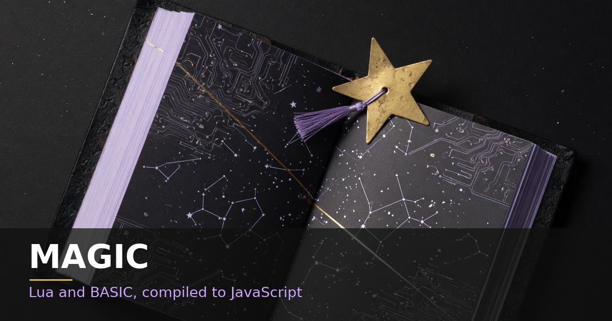 MAGIC. An open book of constellations and circuit traces, with a brass star bookmark.