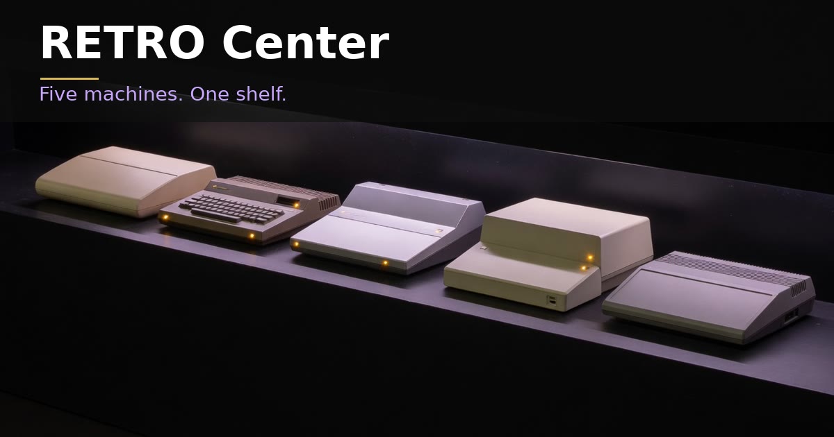 RETRO Center. Five vintage computers in a row on a black shelf.